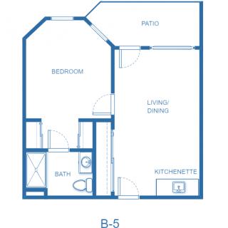 A blueprint of a one-bedroom apartment with a living area, kitchenette, bathroom, and patio.