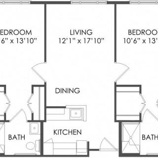 A floor plan showing a two-bedroom apartment with a living room, dining area, kitchen, and two bathrooms.