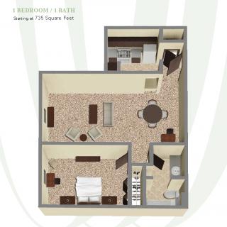 A detailed floor plan of a one-bedroom apartment featuring a living room, kitchen, and bathroom.