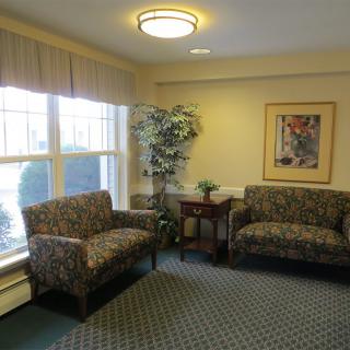 A cozy waiting area with sofas, a potted plant, and wall art beside a large window.