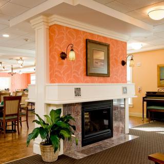 A cozy living room interior featuring a central fireplace, elegant lighting, and stylish decor.
