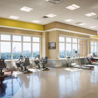 A modern gym with exercise equipment and bright natural lighting from large windows.