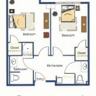 A floor plan of a two-bedroom apartment with a central kitchen and separate bathroom.