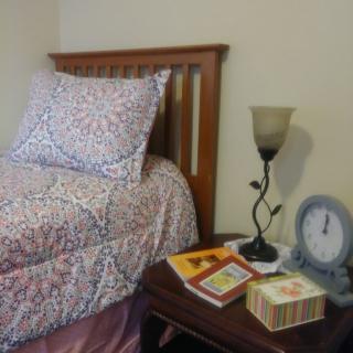 A cozy bedroom setting with a bed, nightstand, lamp, books, and a clock.