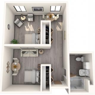 A 3D rendering of a two-bedroom apartment floor plan with a bathroom and living area.