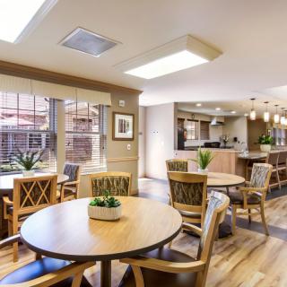 A modern dining area with wooden tables and chairs, adorned with potted plants and illuminated by overhead lighting.