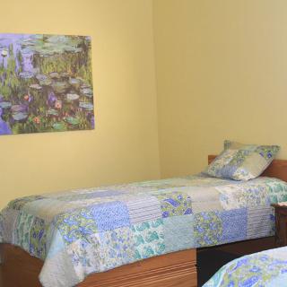 A bedroom with two twin beds featuring patterned bedspreads, a painting on the wall, and yellow painted walls.