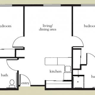 A floor plan of an apartment featuring two bedrooms, a kitchen, living/dining area, and bathrooms.