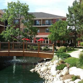 A scenic view of a landscaped area featuring a wooden bridge over a pond, surrounded by lush greenery and a building in the background.