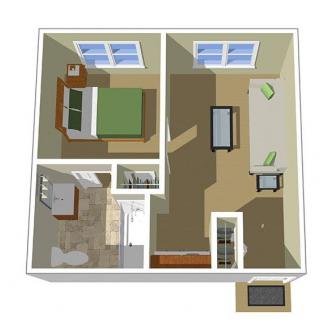 A one-bedroom apartment floor plan showcasing a living room, bedroom, bathroom, and kitchen.