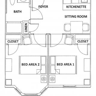 A detailed floor plan showing the layout of an apartment with designated areas for a sitting room, kitchenette, two bed areas, closets, bath, and foyer.