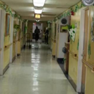 A decorated hallway with doors on either side and ceiling lights illuminating the corridor.