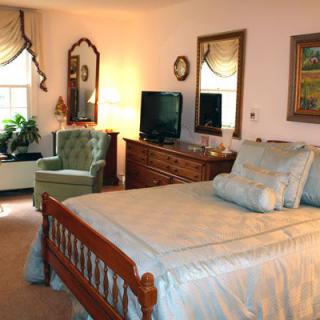 A cozy bedroom with a bed, television, and decorative elements.