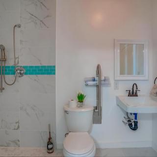 A modern, handicap-accessible bathroom with a shower, toilet, and sink.