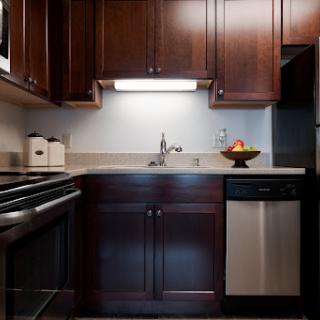 A modern kitchen featuring dark wooden cabinets, stainless steel appliances, and a stylish countertop.