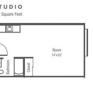 A floor plan of a studio apartment featuring a main room, bathroom, and closet.