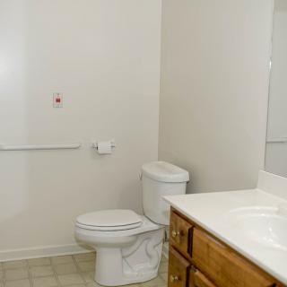 A clean bathroom featuring a toilet, sink with a wooden cabinet, and a mirror.