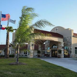 A welcoming hotel entrance with palm trees and flags in a sunny Texas landscape.