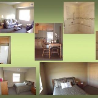 A collage of a cozy apartment interior featuring a living room, kitchen, bathroom, and bedroom.
