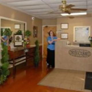 A reception area with a desk, plants, and a woman standing near the counter.