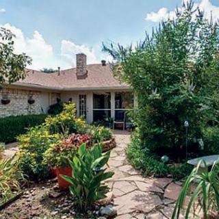 A lush garden with a variety of plants surrounding a cozy house patio.