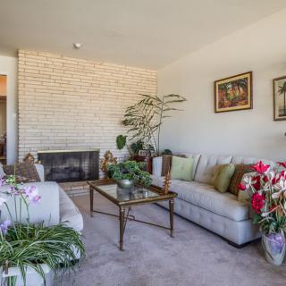 A cozy living room with a brick fireplace, comfortable sofas, and an assortment of plants.