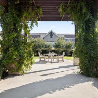 A vine-covered pergola frames an inviting outdoor seating area in a sunny garden.
