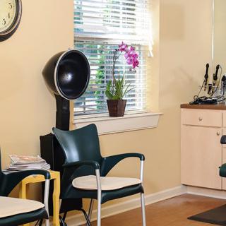 A cozy hair salon waiting area with chairs, a hair dryer, and a potted plant by the window.