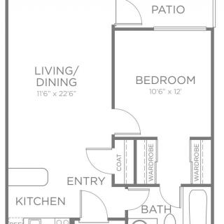 A floor plan of a one-bedroom apartment featuring a living and dining area, kitchen, bathroom, bedroom, and patio.