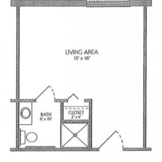 A simple floor plan featuring a living area and a small bathroom with a closet.