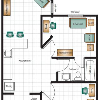 A detailed floor plan of a one-bedroom apartment, featuring a kitchen, living room, bedroom, and bathroom with furniture arrangement.