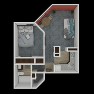 A 3D floor plan of a one-bedroom apartment, featuring a living room, kitchen, and bathroom.
