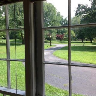 A scenic view of a grassy landscape and driveway seen through a window.