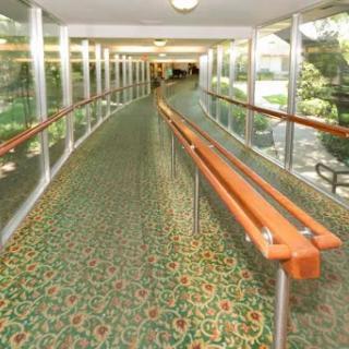 A spacious interior walkway featuring a patterned green carpet and glass walls, providing a bright and open atmosphere.