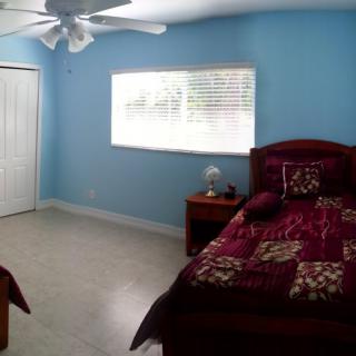 A bedroom with blue walls, featuring a single bed, nightstand, and ceiling fan.