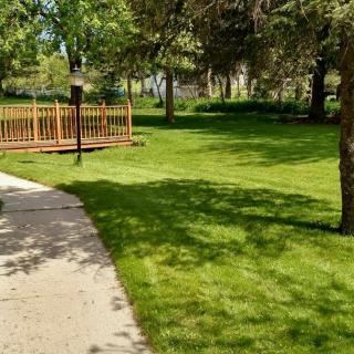 A peaceful park scene with a grassy area, trees, and a wooden deck.