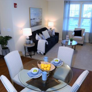 A cozy and inviting living room with a connected dining area featuring modern furniture and tasteful decor.