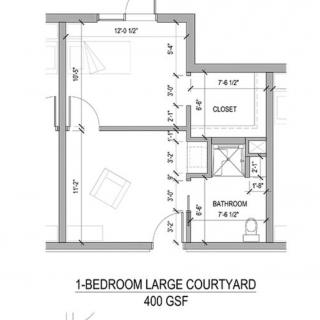 Floor plan of a 1-bedroom large courtyard apartment with an area of 400 GSF.