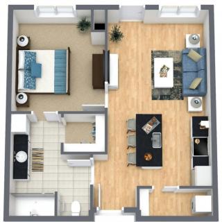 A 3D rendered floor plan of a modern apartment showcasing a bedroom, kitchen, living room, and bathroom layout.