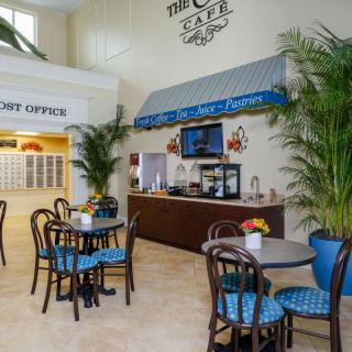 A cozy cafe interior with tables and chairs, decorated with lush plants.