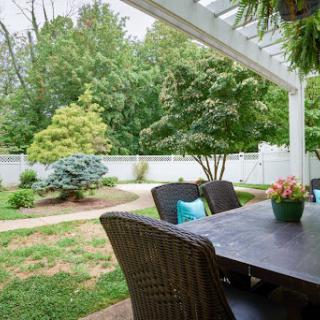 A serene outdoor patio with a table surrounded by lush greenery.