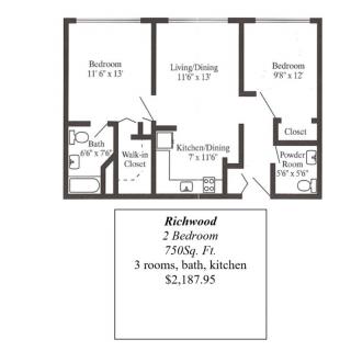 Floor plan of a two-bedroom apartment with living room, kitchen, and bathroom.