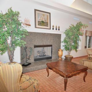 A cozy living room featuring a stone fireplace, elegant furniture, and lush indoor plants.