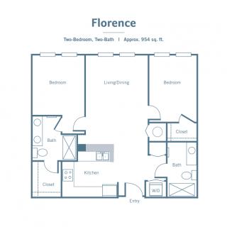 Floor plan of a two-bedroom apartment named 'Florence', with 954 sq. ft. area.