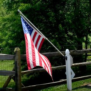 An American flag gently waving in the breeze near a wooden fence amidst lush greenery.