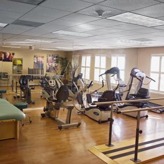 A well-equipped gym with various exercise machines and therapy equipment.