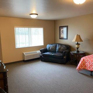 A cozy apartment room with a bed, sofa, and a window providing natural light.