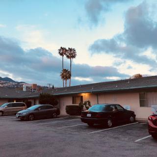 A quiet evening at a motel parking lot with palm trees under a cloudy sky.