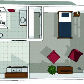 Top-down view of a small apartment floor plan featuring a bedroom and bathroom.
