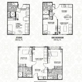 A set of floor plans showing layouts for a studio, one-bedroom, and two-bedroom apartments.